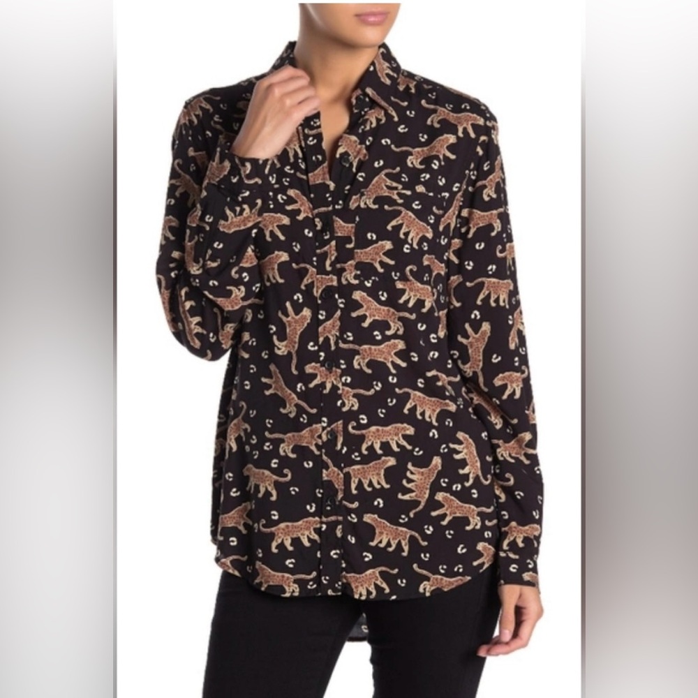 Beach Lunch Lounge Collection Black Leopard Animal Print Button Down Shirt